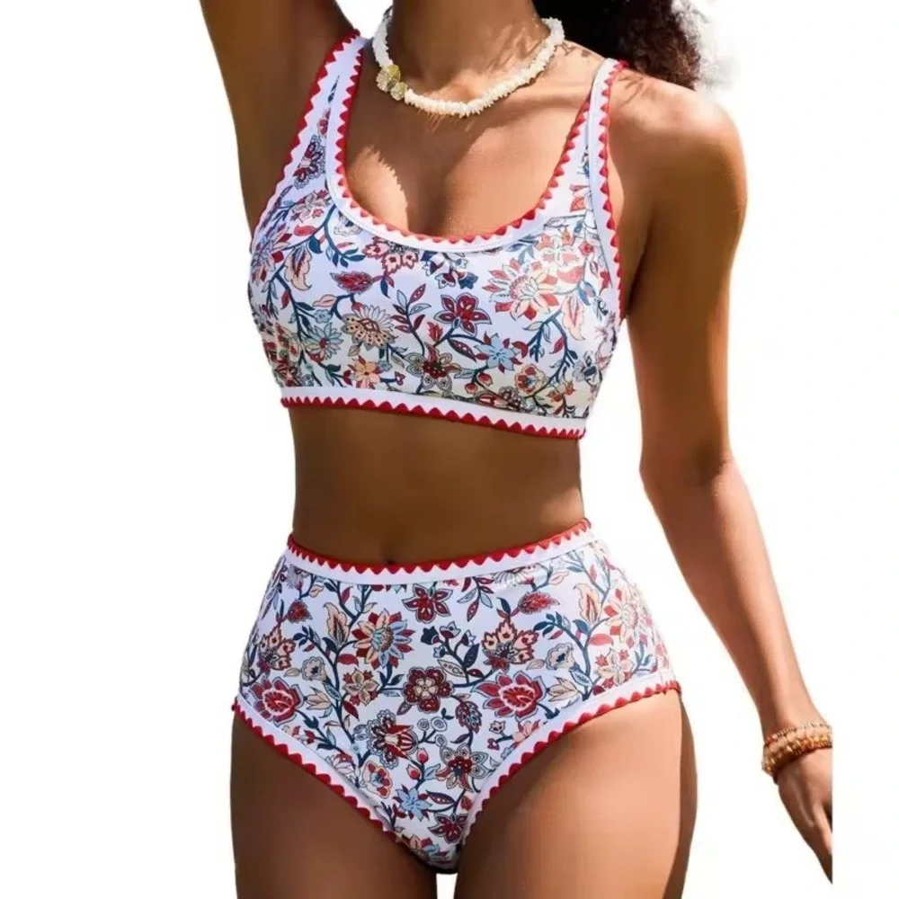 Women's M Floral Print Two Piece Sexy Bikini Set High Waist Round Neck Swimwear